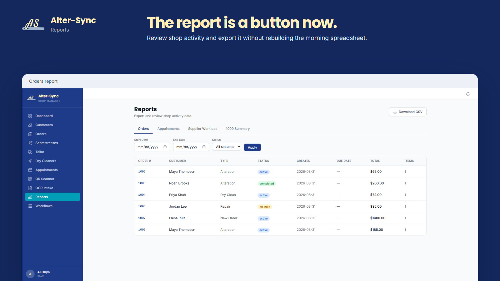 The Alter-Sync orders report composed with the brand mark, showing date filters, a status filter, and the Download CSV control