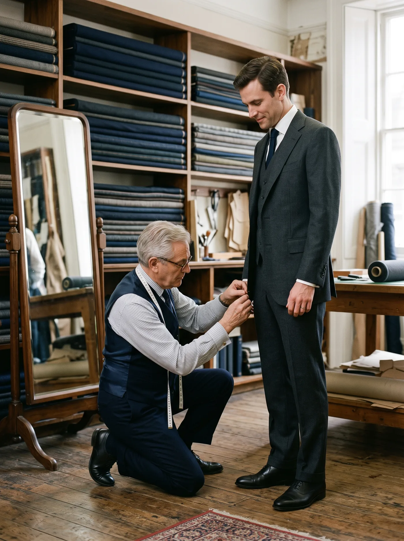 A tailor adjusting the sleeve of a customer's jacket during a fitting