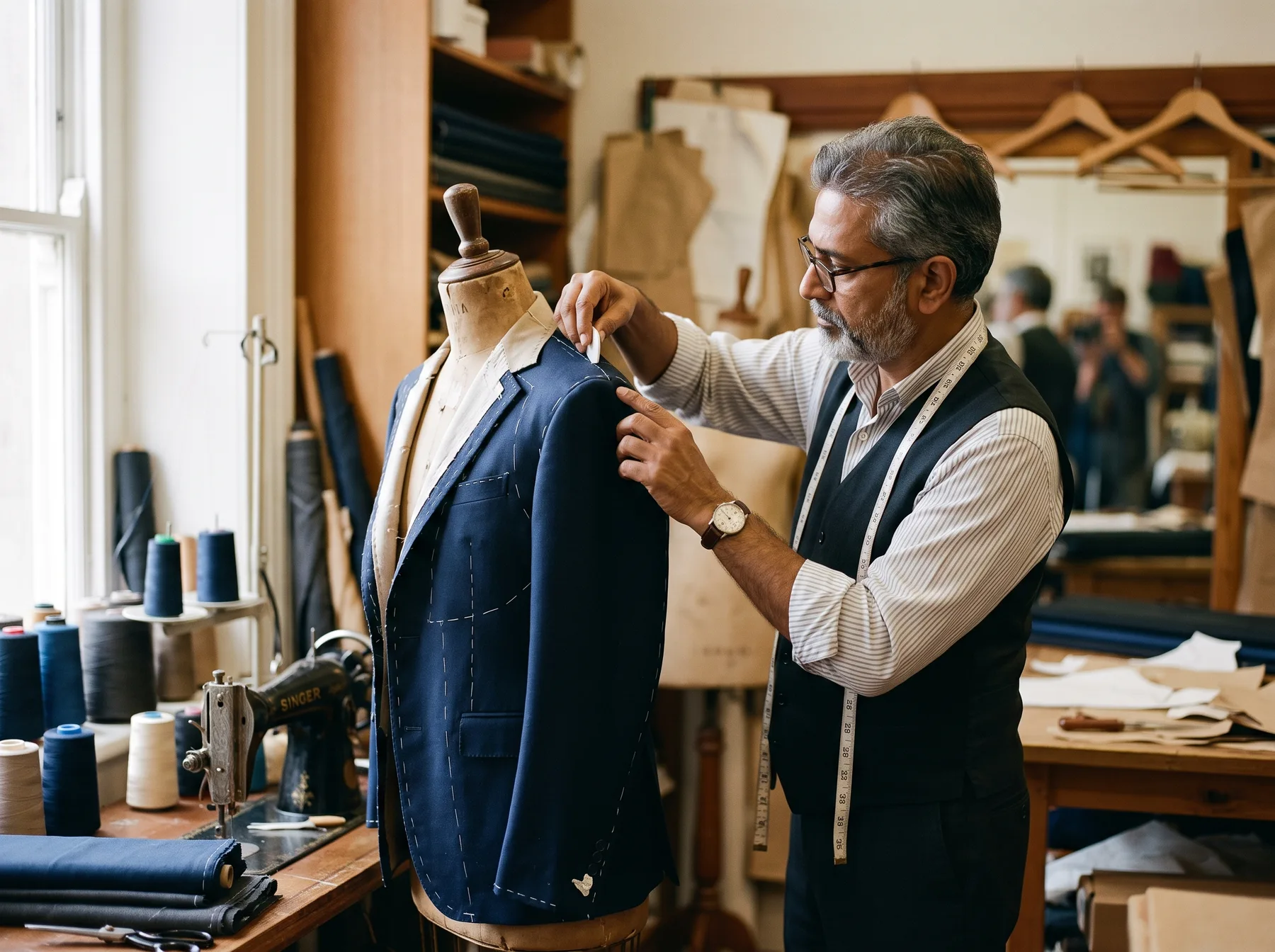 A tailor with a measuring tape around his neck working on a navy jacket