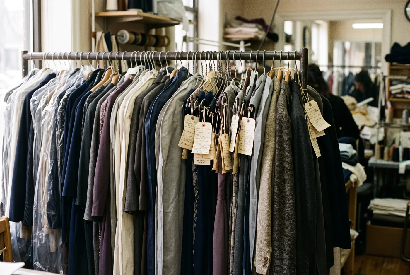 Garments with paper claim tags hanging in a tailoring shop