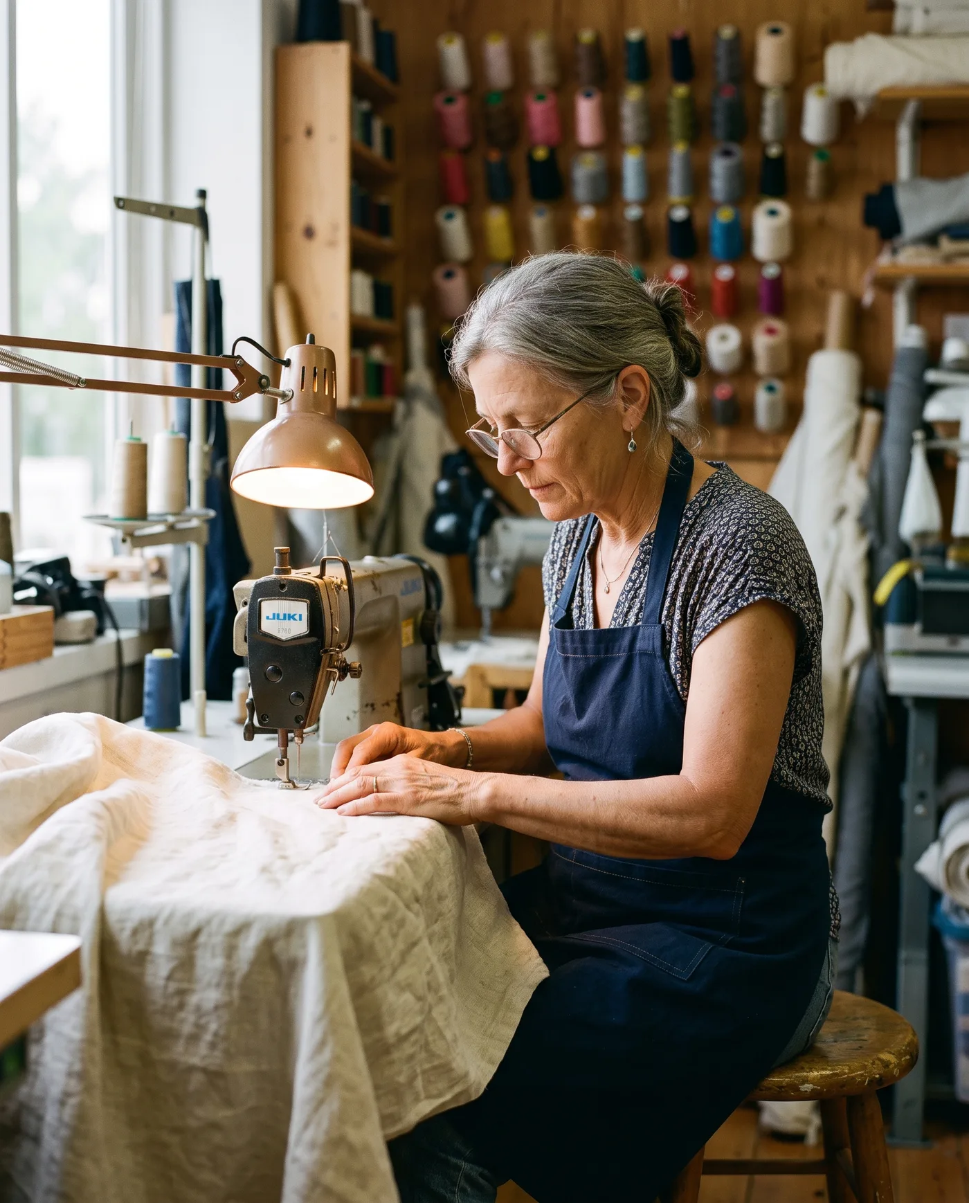A seamstress working at an industrial sewing machine in an alterations workroom